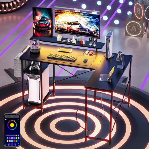 Yesfashion L Shaped Gaming Desk With LED Light Office Corner Computer PC Study Desk Desk Computer Desk With Power Outlet Monitor Stand Workstation Black