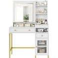 thumbnail image 1 of Yesfashion Large Vanity Desk with 3 Color Led Lighted Mirror and Power Outlet, Makeup Vanity Table with Drawers, Cabinet and Open Storage Shelves, Vanity Table, Dressing Table, 1 of 7