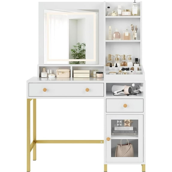 Yesfashion Large Vanity Desk with 3 Color Led Lighted Mirror and Power Outlet, Makeup Vanity Table with Drawers, Cabinet and Open Storage Shelves, Vanity Table, Dressing Table