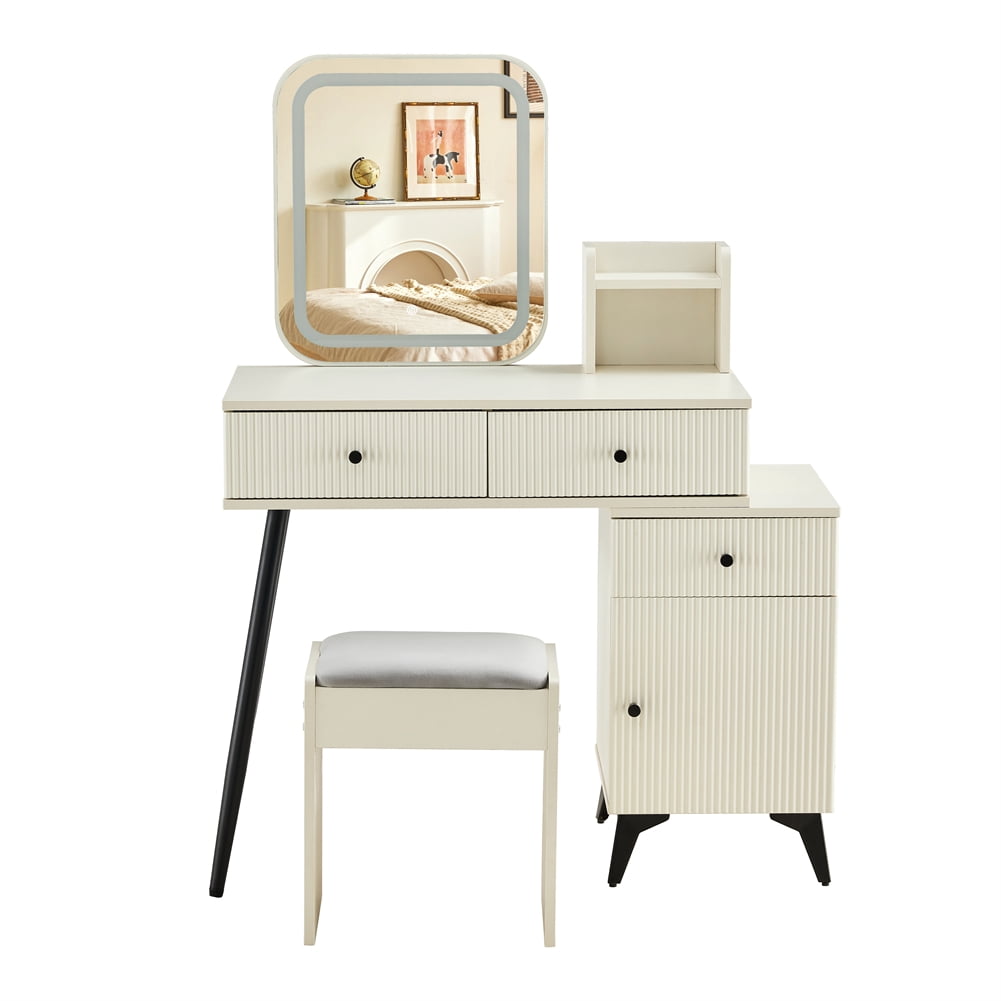 Movable Vanity Yesfashion Makeup Vanity With Lights, Vanity Desk With Stools & Movable ...