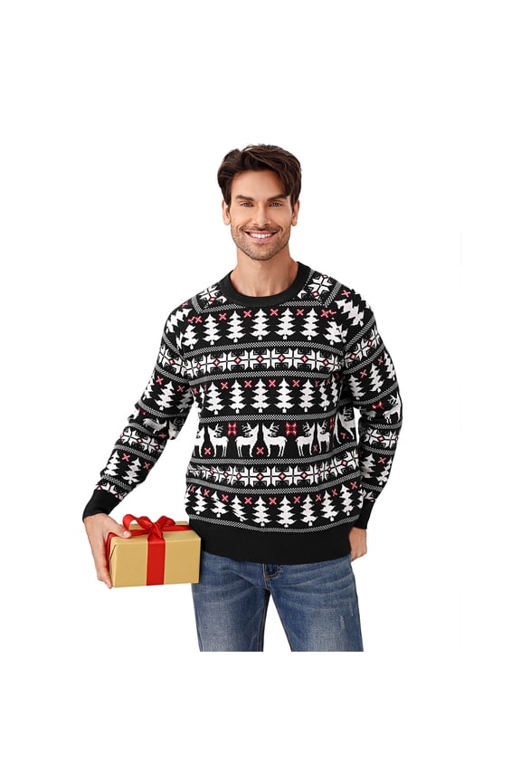 Man's Christmas Sweater Reindeer Snowflake Pattern Crew Neck Holiday Pullover Knitwear
