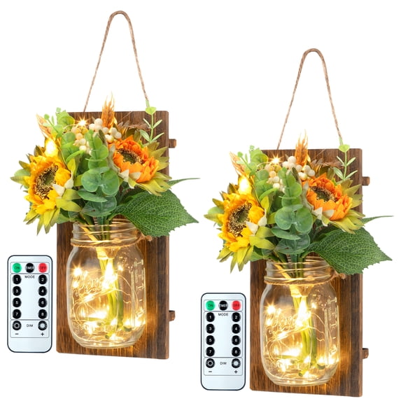 Yesfashion Mason Jar Wall Decor, Rustic Wall Sconces with LED Lights Remote Control, Farmhouse Hanging Decorative Sconce Jars for Living Room, Hallway, Bedroom (Sunflowers Set of 2)