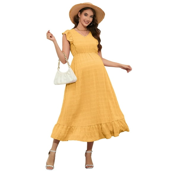 Yesfashion Maternity Dress Summer Ruffle Cap Sleeveless V Neck Maxi Dresses Maternity Wear