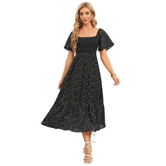 Yesfashion Maternity Dress Women's Summer Square Neck Smocked Maxi Dress Short Sleeve Pregnancy Dress
