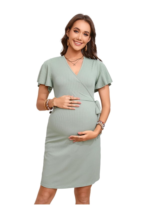 Maternity Dresses for Baby Shower Women's Knotted V Neck Knee Length Wrap Baby Shower Dress