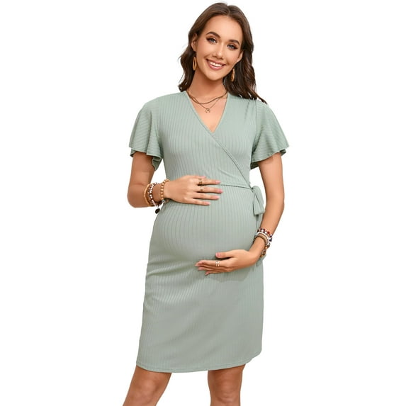 Yesfashion Maternity Dresses for Baby Shower Women's Knotted V Neck Knee Length Wrap Baby Shower Dress
