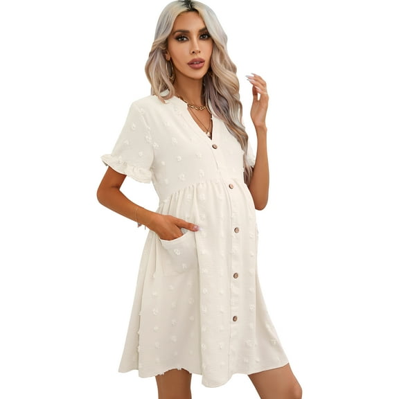 Yesfashion Maternity Swiss Dot Dress Summer V Neck Short Sleeve Button Down Mini Dress With Pockets