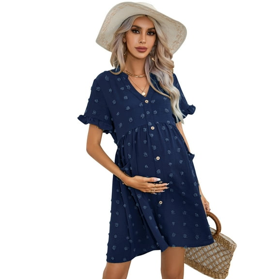 Yesfashion Maternity Swiss Dot Dress Summer V Neck Short Sleeve Button Down Mini Dress With Pockets