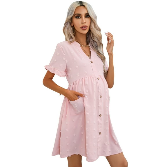Yesfashion Maternity Swiss Dot Dress Summer V Neck Short Sleeve Button Down Mini Dress With Pockets