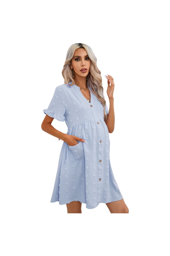 Maternity Swiss Dot Dress Summer V Neck Short Sleeve Button Down Mini Dress With Pockets