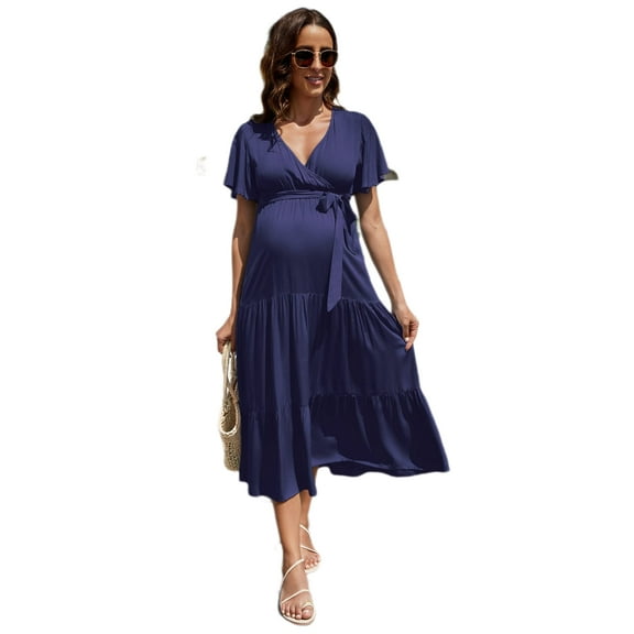 Yesfashion Maternity Women's Short Sleeve V Neck Casual Dress Baby Shower Party Maternity Dress