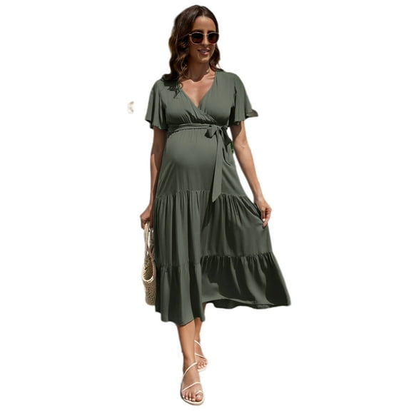 Yesfashion Maternity Women's Short Sleeve V Neck Casual Dress Baby Shower Party Maternity Dress