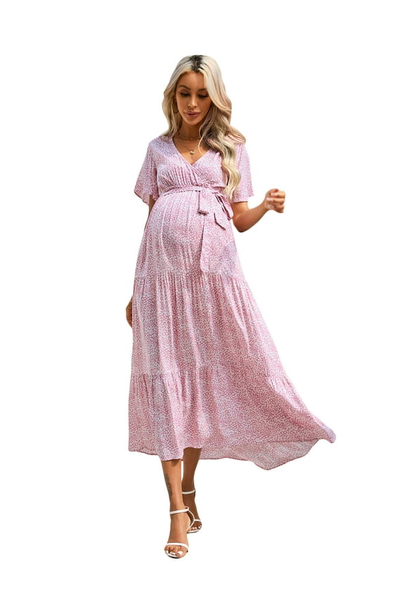 Maternity Women's Short Sleeve V Neck Casual Dress Baby Shower Party Maternity Dress