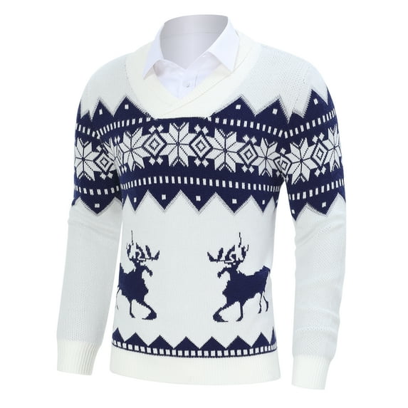Yesfashion Men's Christmas Sweaters Holiday Reindeer Snowflakes V Neck Jumpers