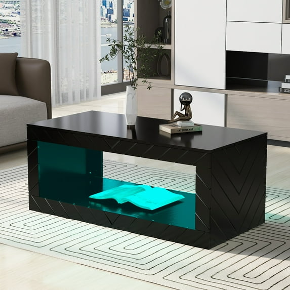 Yesfashion Modern LED Coffee Table with Open Storage Space High Gloss Coffee End Table with 16 Colors LED Lights Remote Control for Living Room