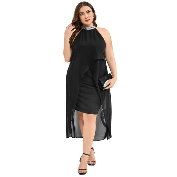 Yesfashion Plus Size Halter Neck Sleeveless Cocktail Dress Sequin Tulle Wedding Guest Party Midi Dresses