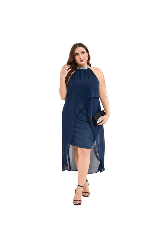 Plus Size Halter Neck Sleeveless Cocktail Dress Sequin Tulle Wedding Guest Party Midi Dresses