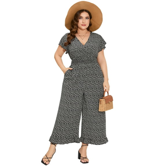Yesfashion Plus Size Loose Jumpsuits for Women Summer Short Sleeve One Piece Outfit Wide Leg Floral Jumpsuits