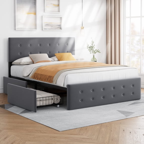 Yesfashion Queen Bed Frame with 4 Storage Drawers, Velvet Upholstered Platform Bed Frame with Headboard and Wooden Slats Support No Box Spring Needed