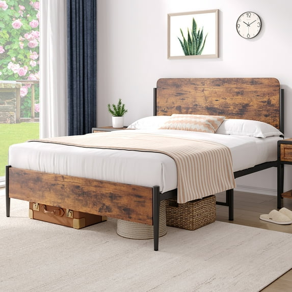 Yesfashion Queen Size Bed Frame with Wooden Headboard, Platform Bed Frame with Safe Rounded Corners, Strong Metal Slats Support, Mattress Foundation, Noise-Free, No Box Spring Needed, Retro Brown
