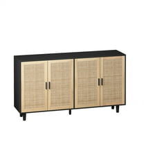 Yesfashion Rattan Storage Cabinet, Modern Wooden Buffet Cabinet With 4 Doors Adjustable Shelves, Accent Sideboard Storage Cabinet For Living Room Hallway