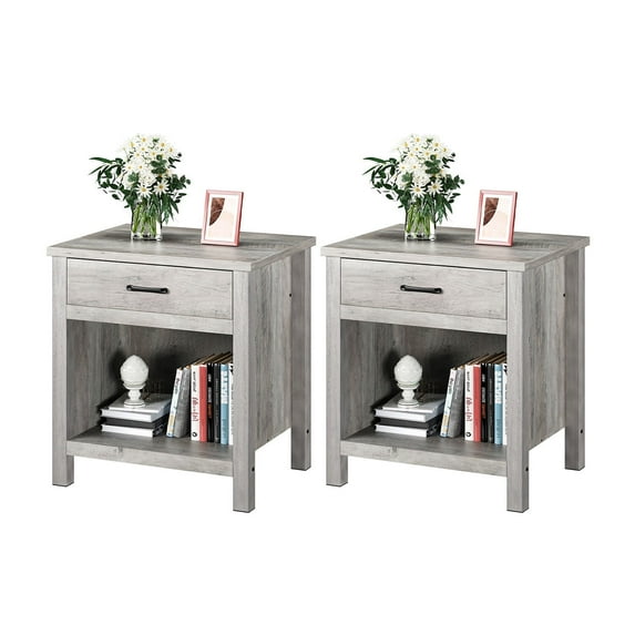 Yesfashion Set of 2 Farmhouse Nightstand, End Table, End Tables with Storage Drawer, Modern Bed Side Table Rustic Gray Nightstands Set for Bedroom, Living Room, Gray Wash