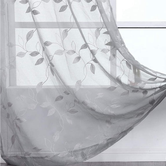 Yesfashion Sheer Curtains, 2 Panels Leaf Embroidery Sheer Curtains, Textured Solid Grommet Voile Curtains for Living Room Bedroom
