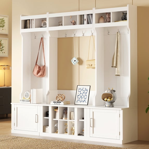 Yesfashion Shoe Storage Bench with Shelves Coat Hooks, Elegant Hall Tree with Wall Mounted Coat Rack, Entryway Organizer for Hallway, Foyer, Mudroom, Entrance Living Room