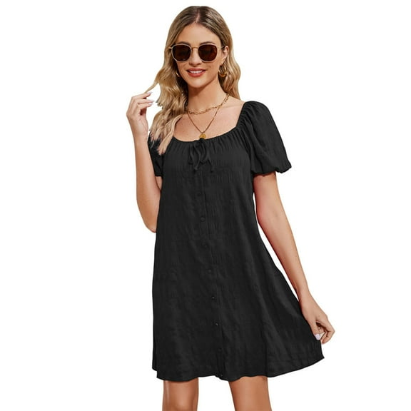 Yesfashion Short Sleeve Dress For Women Wedding Guest Dress Summer Casual Square Neck Button Mini Dresses