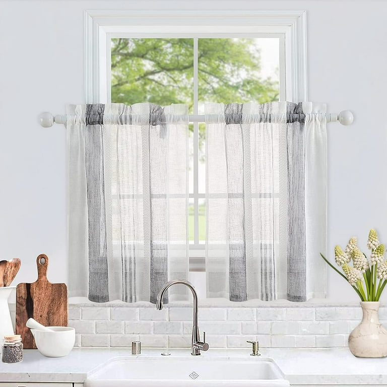 Yesfashion Small Striped Sheer Curtains, Short Texture Window Voile Curtain  Semi Voile Drapes for Kitchen Bathroom 