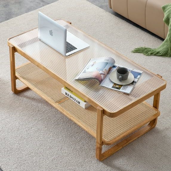 Yesfashion Solid Wood Modern Simple Rectangular Double Layer Solid Wood Glass Table Top Coffee Table Rattan Chinese Side Table Small Rectangular Table Suitable for Living Room, Dining Room And Bedroom