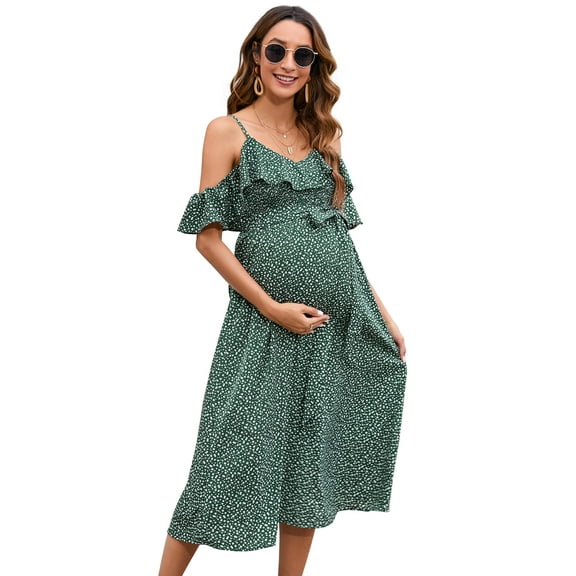 Yesfashion Swiss Dot Smocked Maternity Dress/V Neck Flutter Sleeve Midi Dress for Baby Shower Wedding Guest Photoshoot