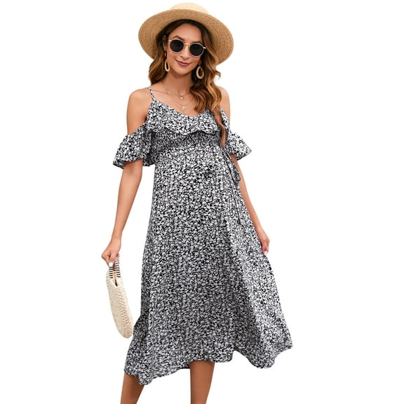 Yesfashion Swiss Dot Smocked Maternity Dress/V Neck Flutter Sleeve Midi Dress for Baby Shower Wedding Guest Photoshoot
