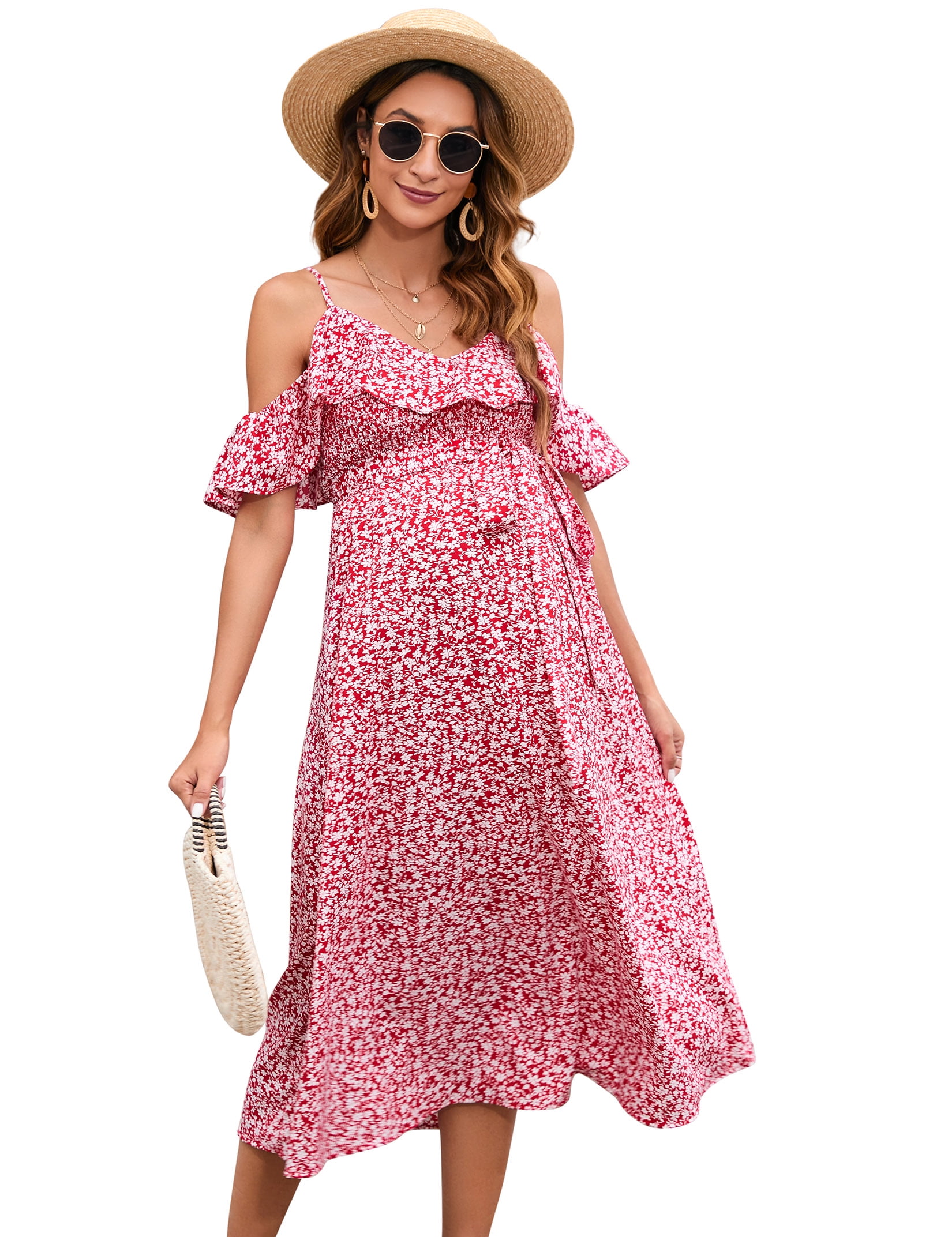Yesfashion Swiss Dot Smocked Maternity Dress/V Neck Flutter Sleeve Midi  Dress for Baby Shower Wedding Guest Photoshoot - Walmart.com