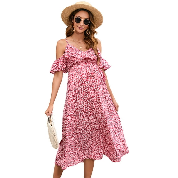 Yesfashion Swiss Dot Smocked Maternity Dress/V Neck Flutter Sleeve Midi Dress for Baby Shower Wedding Guest Photoshoot