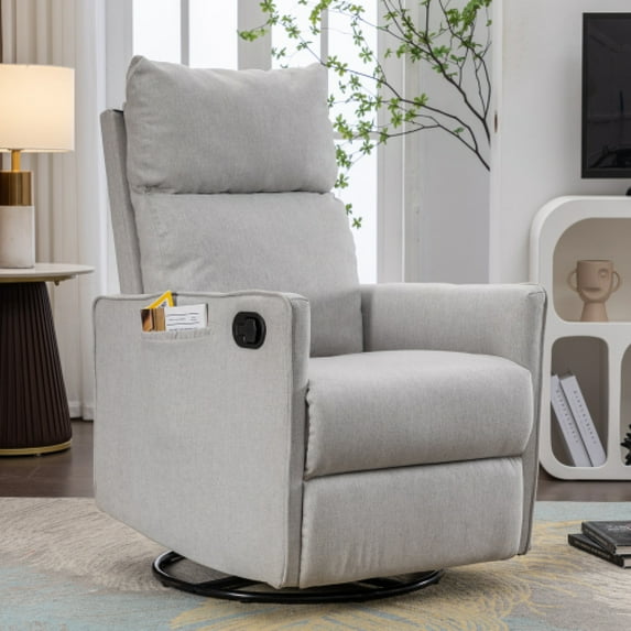 Yesfashion Swivel Rocking Chair, Recliner Chair with Adjustable Footstool, Adjustable Backrest, Right Pocket, Manual Handle, Round Metal Bottom Legs, Rocking Chair