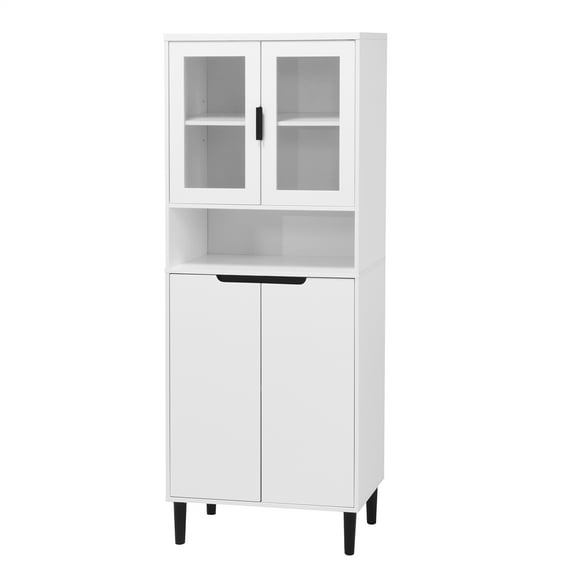 Yesfashion Tall Storage Show Cabinet, Tall Kitchen Pantry Cabinet With 2 Glass Display Door & 2 Doors, Freestanding Modern Cabinet With Gold Handles For Bathroom, Living Room