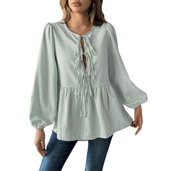 Yesfashion Tie Front Tops for Women Puff Long Sleeve Shirt Peplum Hem Cute Babydoll Blouse Going Out Tops