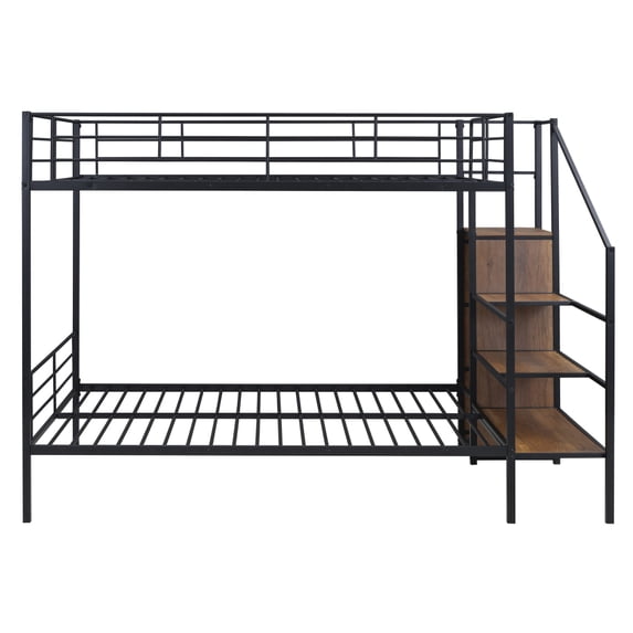 Yesfashion Twin Over Full Bunk Bed, Bunk Bed with Wardrobe, Lateral Storage Ladder, Iron Frame, Solid Slates, Multi Functional Bunk Bed for Dormitory, Bedroom
