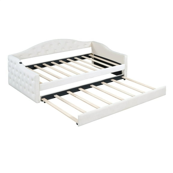 Yesfashion Twin Size Tufted Upholstered Daybed With Trundle, USB, Type-C Charging Ports, Wooden Bed Frame, No Box Spring Needed, Velvet Upholstered Twin Size Day Bed