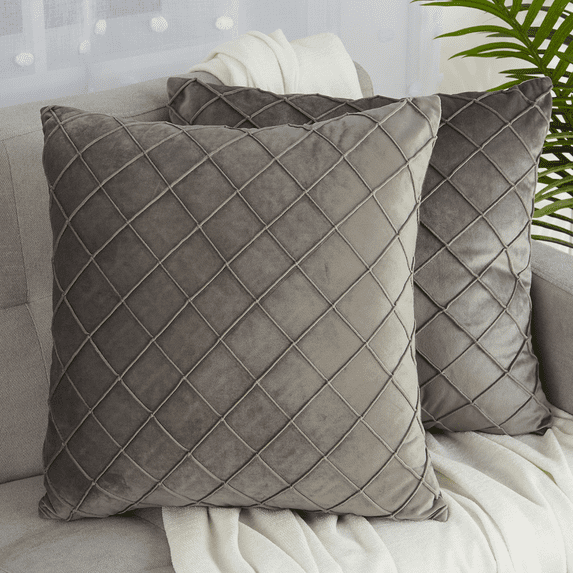 Yesfashion Velvet Throw Pillow Covers 18x18 Pack of 2 Plaid Square Cushion Covers for Chair, Bench, Grey