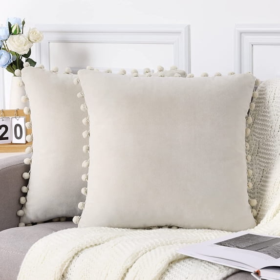Yesfashion Velvet Throw Pillow Covers Set of 2, Pompom Decorative Pillowcases Solid Soft Cushion Covers, 12x20 inch