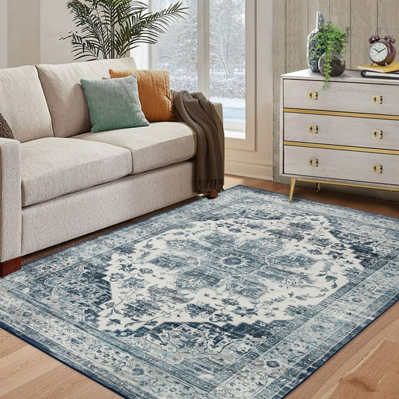 Yesfashion Vintage Area Rug Persian Washable Rug Traditional Distressed Non-Slip Washable Soft Floor Carpet for Indoor Front Entrance Kitchen Bathroom
