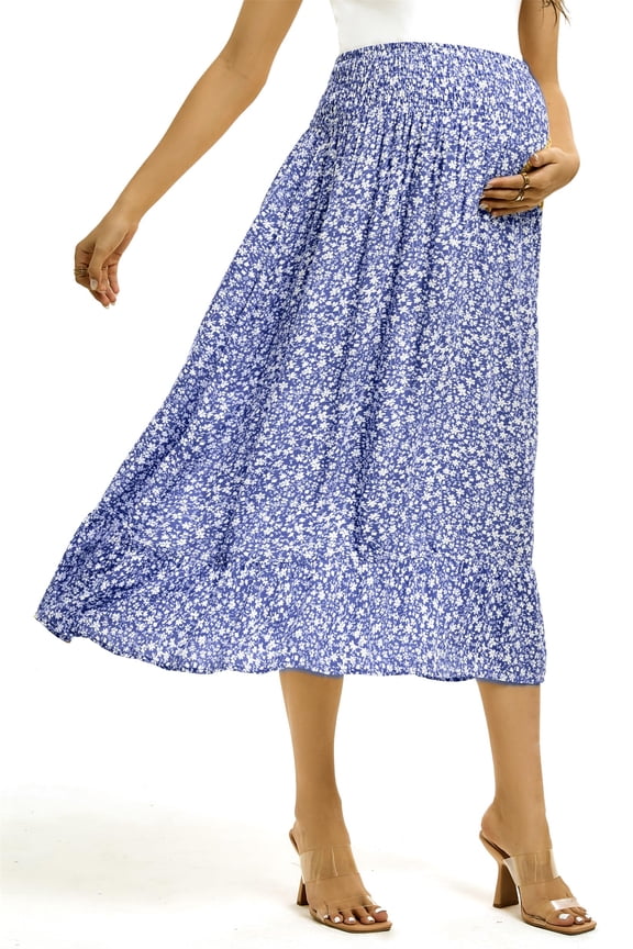 Wholesale Maternity Dress Women's High Waist Floral Print Pleated Maxi Skirt Casual Flowy Swing A Line Long Skirts