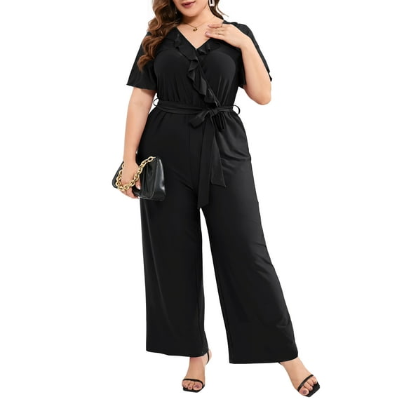 Yesfashion Wholesale Women's Plus Size Short Sleeve Ruffle High Waist Wide Leg Romper Formal Long Jumpsuit with Belt