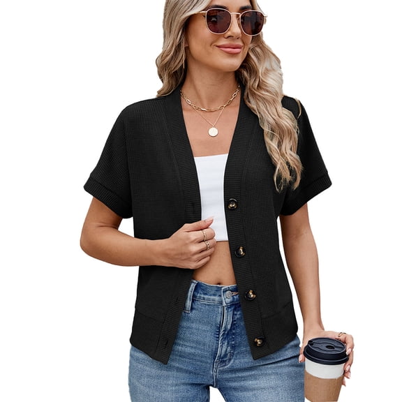 Yesfashion Wholesale Women's Shirts V Neck Short Sleeve Knit Button Up Tunic Tops Blouse