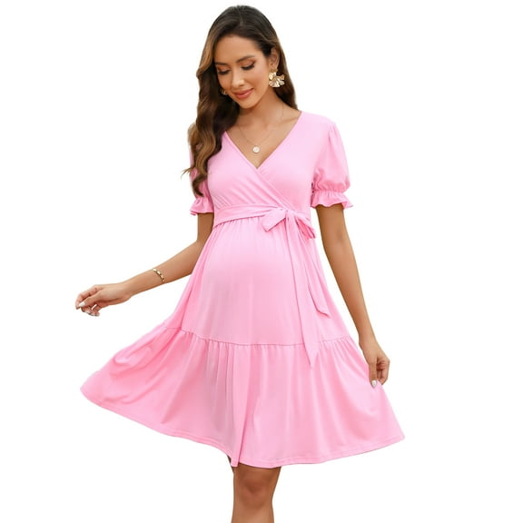 Yesfashion Wholesale Women's V Neck Short Sleeves Pregnancy Casual Tie High Waist a Line Solid Color Midi Dress
