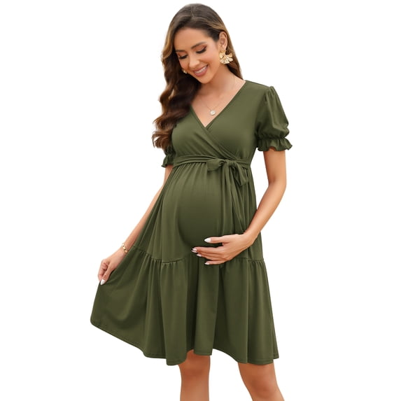 Yesfashion Wholesale Women's V Neck Short Sleeves Pregnancy Casual Tie High Waist a Line Solid Color Midi Dress
