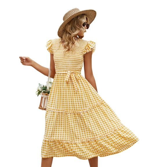Yesfashion Wholesale Womens Spring Small Flying Sleeves Ruffles Wrap Round Neck Ruffle Maxi Dress Casual Tie Waist Chiffon Flowy Long Dresses