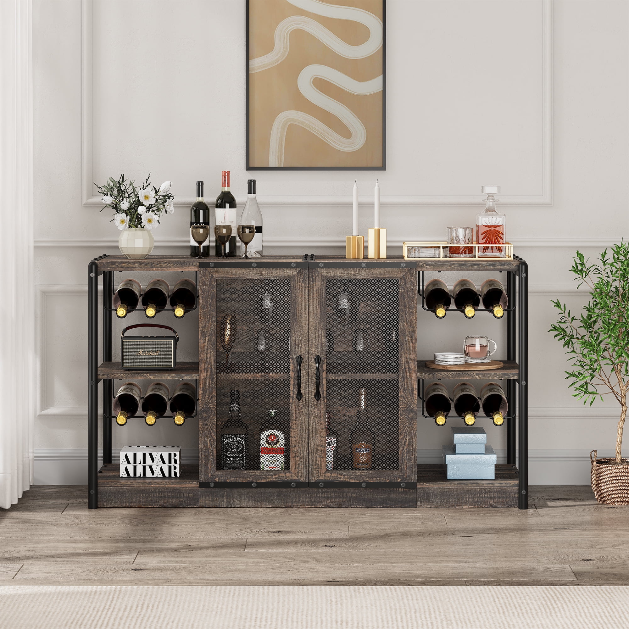 Dextrus 53 Home Bar Cabinet with Wine Rack and Charging Station Wine Storage Cabinet with Sliding Door and Drawers Brown Walmart